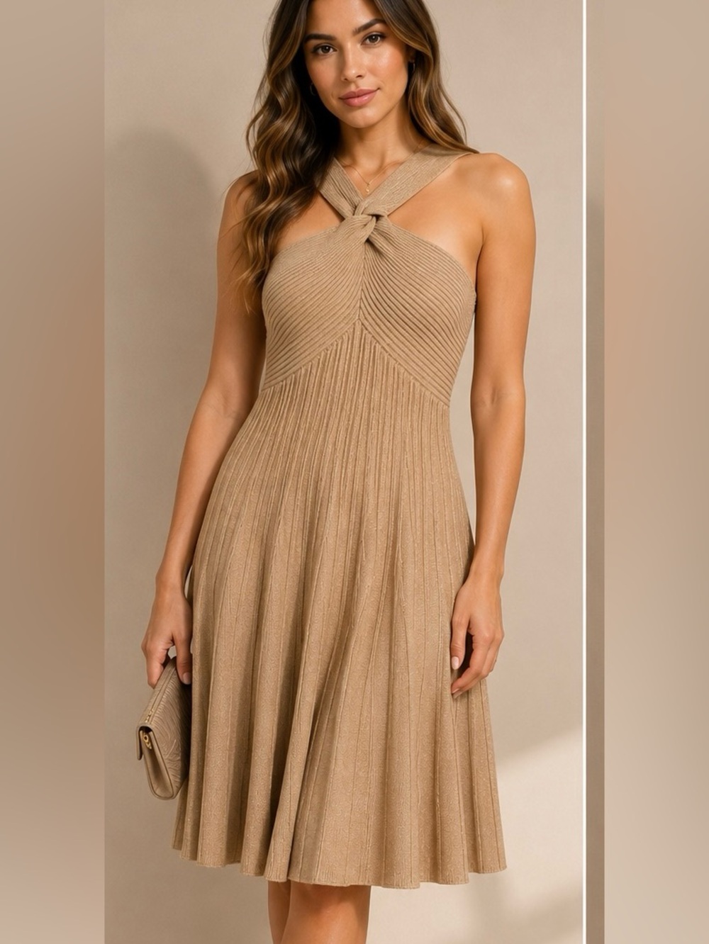 Express XS NWT Beige Ribbed Knit Twist Front Fit & Flare Sweater Dress